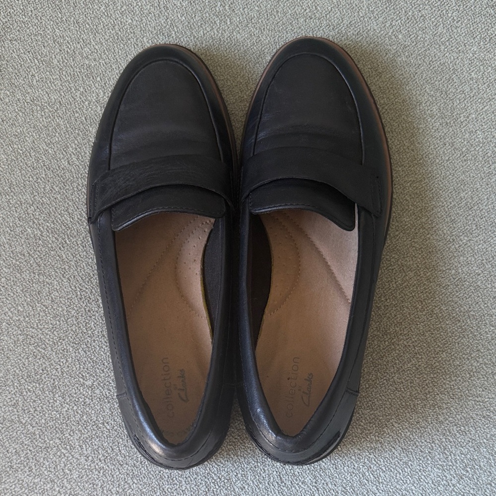 Clarks Black Leather Slip-On Loafers
